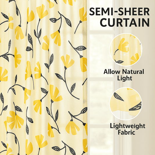 DaDa Bedding Set of 2 Botanical Floral Window Curtain Panels - Natural Semi Sheer Yellow Fleur Golden Orange Spring Time Tulips Straight Tailored Edge
