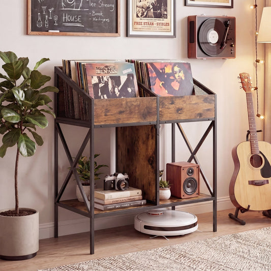 Record storage rack holding LPs upright