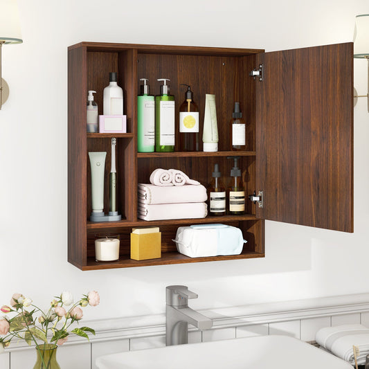 Mirrored bathroom cabinet with the door open showing shelves
