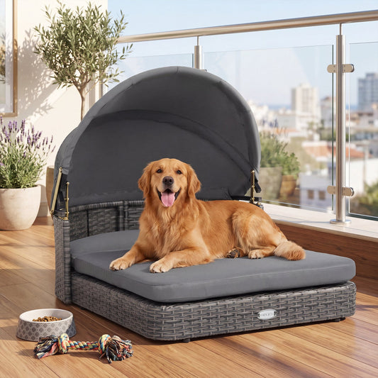 Wicker dog bed with the canopy adjusted to a different angle