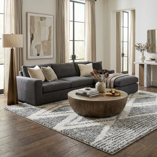 Trunding plush rug under a round wooden coffee table in front of a dark grey sofa