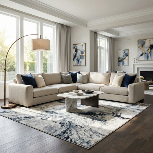 Modern living room with a beige sectional sofa, coffee table, and abstract art on the walls.