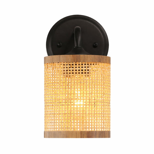 Reef - Single Lights Wall Sconce With Natural Shade Rustic Wicker Wall Light - Black / Rattan