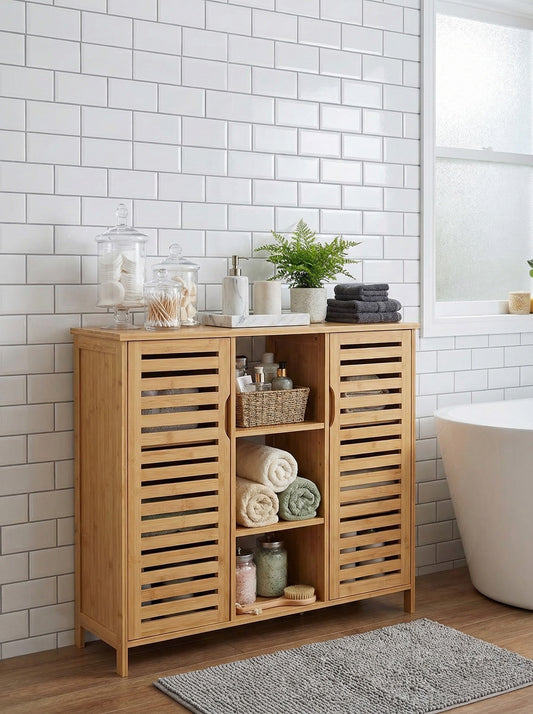 Bamboo four-tier freestanding floor cabinet with doors