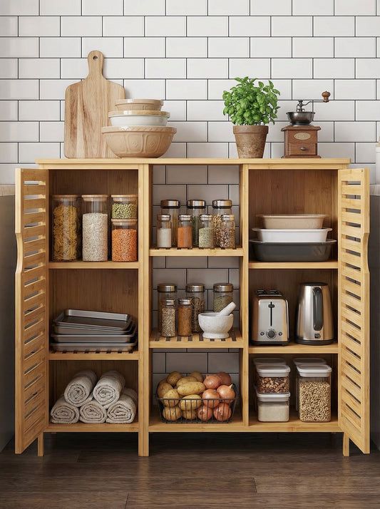 Bamboo floor cabinet with the doors open, showing four tiers