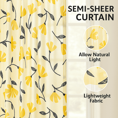 DaDa Bedding Set of 2 Botanical Floral Window Curtain Panels - Natural Semi Sheer Yellow Fleur Golden Orange Spring Time Tulips Straight Tailored Edge