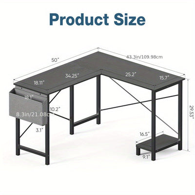 L-Shaped Corner Computer Desk with Storage Pocket | Wooden Home Office / Gaming