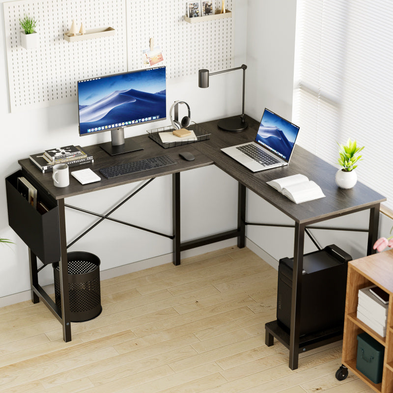 L-shaped wooden corner computer desk with a side storage pocket