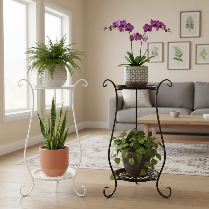 Two-tier metal plant stand, a double layer iron flower rack