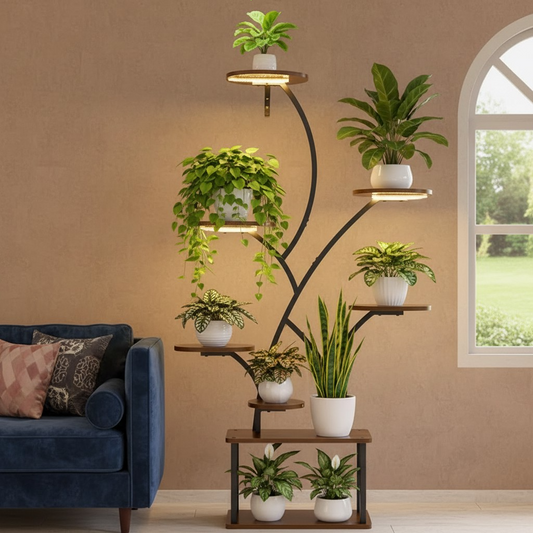Metal eight-tier corner plant stand in a tree shape
