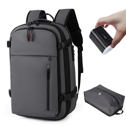 Travel backpack compressed flat next to its expanded size