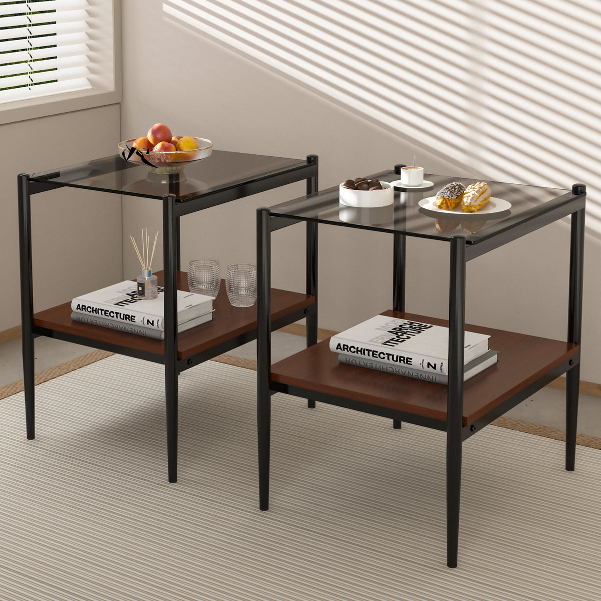 Set of 2 Rectangle End Table Gray Glass