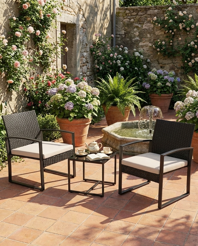 Three-piece wicker patio bar set with two chairs and a bar table