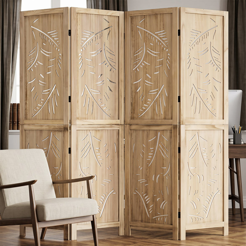 Four-panel wooden room divider with a carved palm leaf design, 67 inches tall