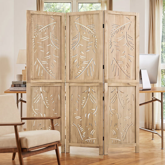 Three-panel wooden room divider with a carved palm leaf design, 67 inches tall