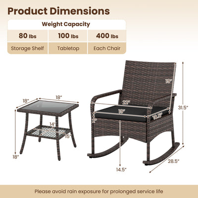 3-Piece Rocking Bistro Set with Cushions & Side Table