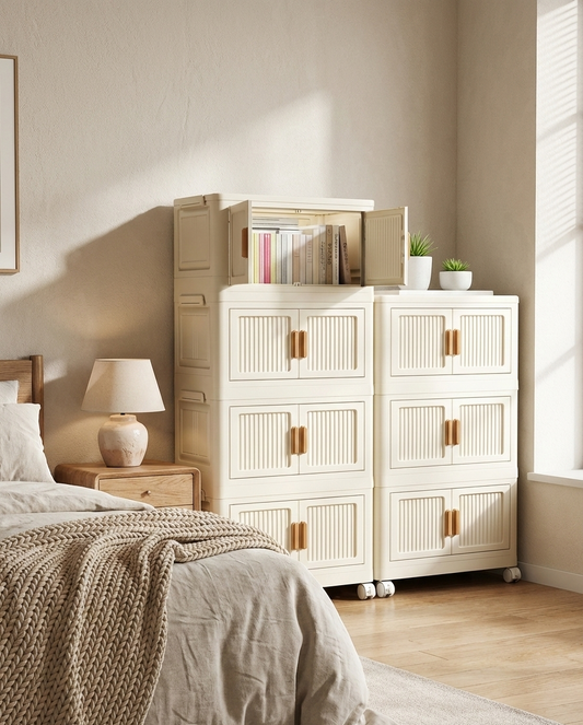 Foldable rolling storage bin cabinet with fabric layers