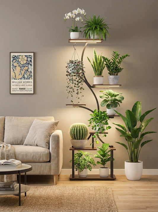Eight-tier corner plant shelf holding a plant collection