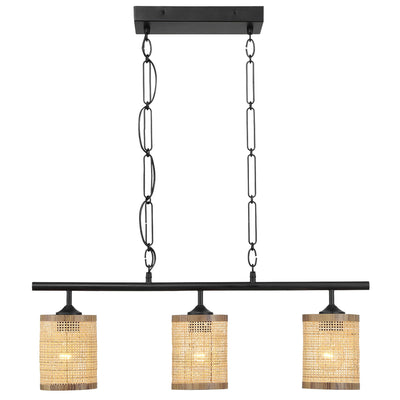 Elysian - 3 Lights Island With Natural Shade Farmhouse Chain Ceiling Lamp - Black / Rattan