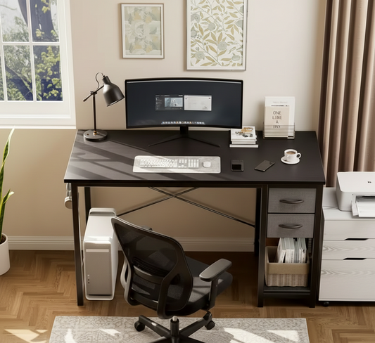 Home office desk with the fabric drawers pulled out