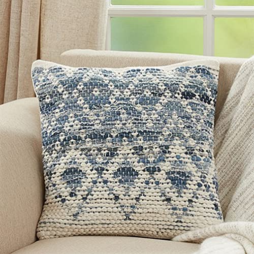 Fennco Styles Diamond Chindi Cotton Decorative Throw Pillow Cover 18" W x 18" L - Blue Woven Square Cushion Case for Home, Couch, Bedroom, Living Room and Office Décor