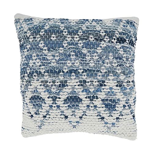 Fennco Styles Diamond Chindi Cotton Decorative Throw Pillow Cover 18" W x 18" L - Blue Woven Square Cushion Case for Home, Couch, Bedroom, Living Room and Office Décor