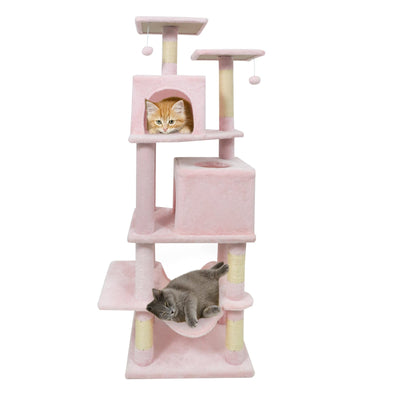 57 Inch Cat Tree with Dual Condos and Hammock and 2 Dangling Balls