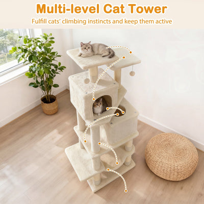 57 Inch Cat Tree with Dual Condos and Hammock and 2 Dangling Balls