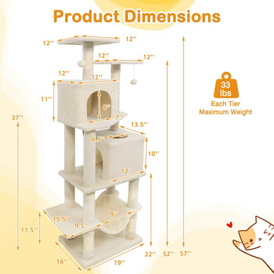 57 Inch Cat Tree with Dual Condos and Hammock and 2 Dangling Balls