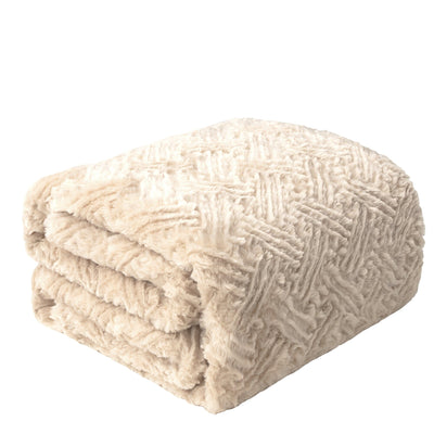 DaDalogy Bedding Champagne Ivory Faux Fur Throw Blanket - Dreamy Gold Geometric Embossed Sherpa Backside - Super Soft Warm Cozy Plush Fluffy