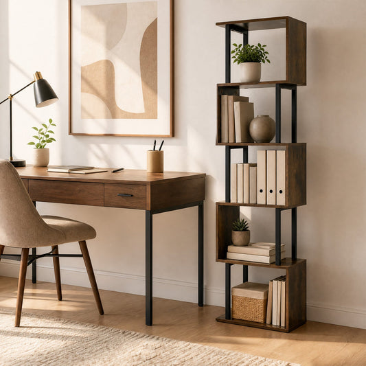Five-tier S-shaped bookshelf with open cubes