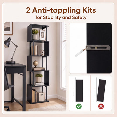 5-Tier S-Shaped Bookshelf with Open Cubes & Anti-Tip Kit