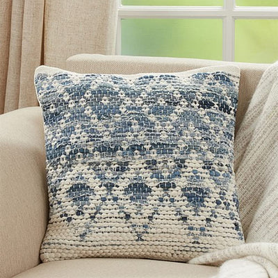 Fennco Styles Diamond Chindi Cotton Decorative Throw Pillow Cover 18" W x 18" L - Blue Woven Square Cushion Case for Home, Couch, Bedroom, Living Room and Office Décor