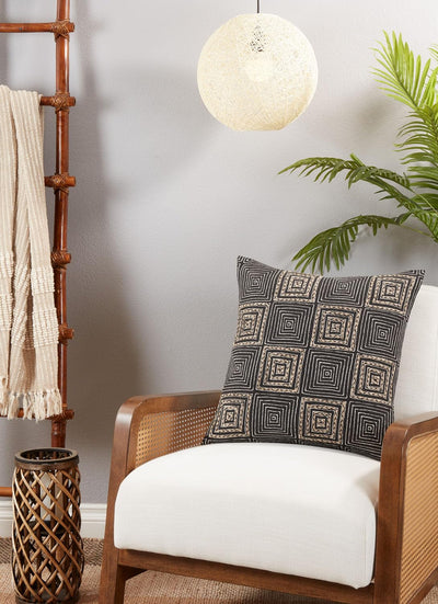 Fennco Styles Embroidered Maze Cotton Decorative Throw Pillow Cover 20" W X 20" L – Black Textured Design Cushion Case for Couch, Sofa, Bedroom, Office and Living Room Décor