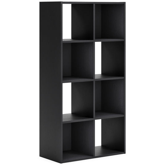 Black eight-cube storage unit standing upright, three-quarter view