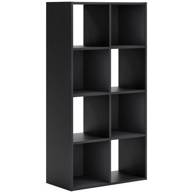 Black eight-cube storage unit standing upright, three-quarter view