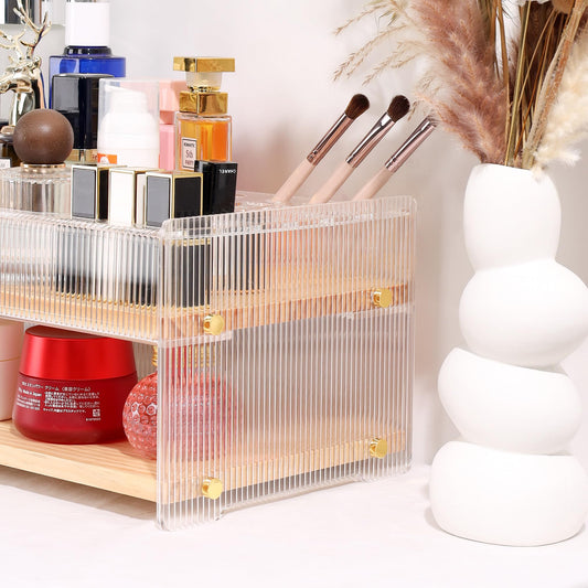KAOTGOT Pine Wood Acrylic Makeup Organizer with Brush & Lipstick Holder