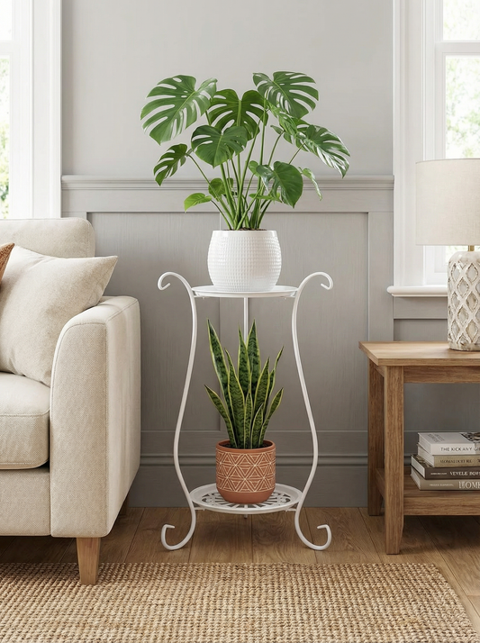Two-tier plant stand holding pots on both levels