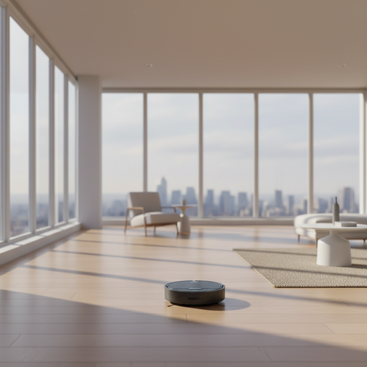 Black robotic vacuum cleaner on a white background
