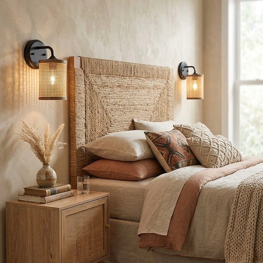 Reef - Single Lights Wall Sconce With Natural Shade Rustic Wicker Wall Light - Black / Rattan
