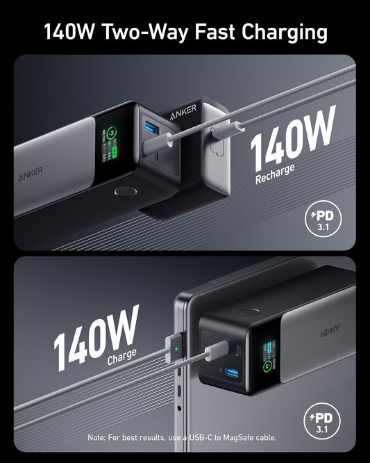 Anker 737 power bank showing its USB-C and USB-A charging ports