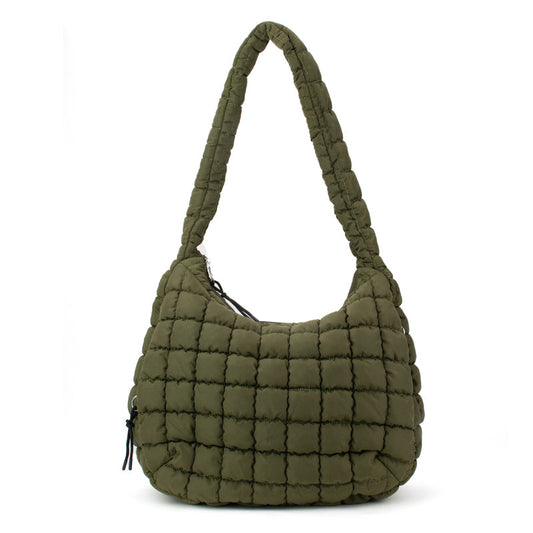 Quilted puffer hobo tote bag in black, soft-structured carry-all