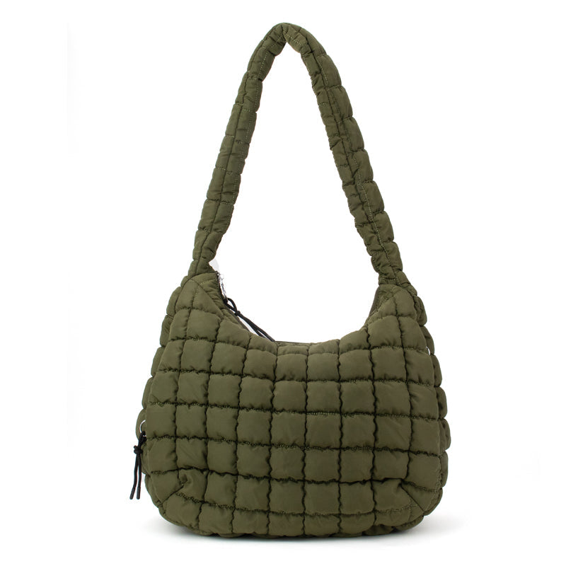 Quilted puffer hobo tote bag in black, soft-structured carry-all