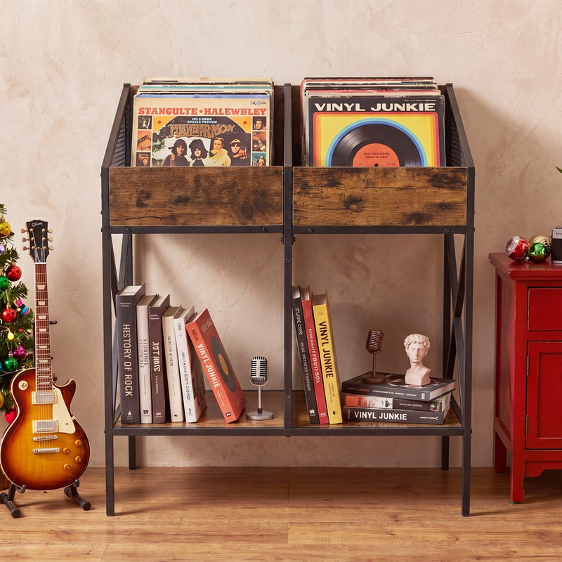 Industrial vinyl record storage rack with a metal frame