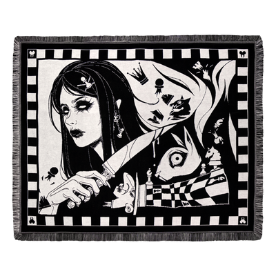 Madness Reigns - Dark Alice Chess Woven Blanket