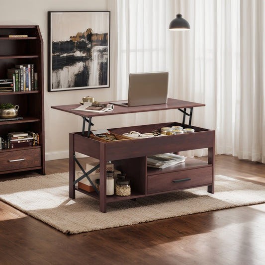 Lift top coffee table with the top raised as a laptop desk