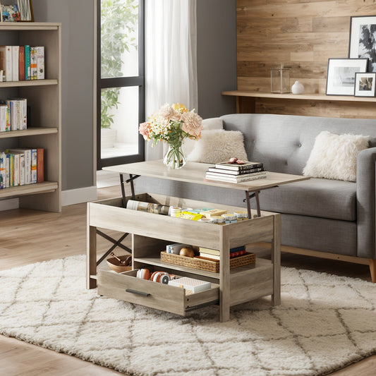 Retro wood lift top coffee table with a hidden storage drawer and lower shelf