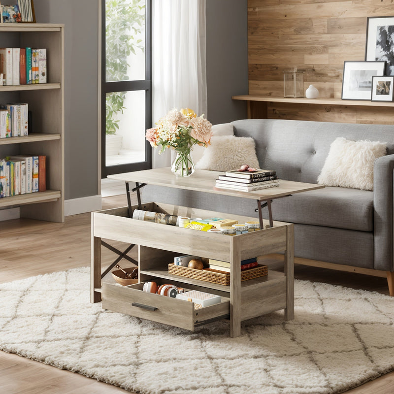 Retro wood lift top coffee table with a hidden storage drawer and lower shelf