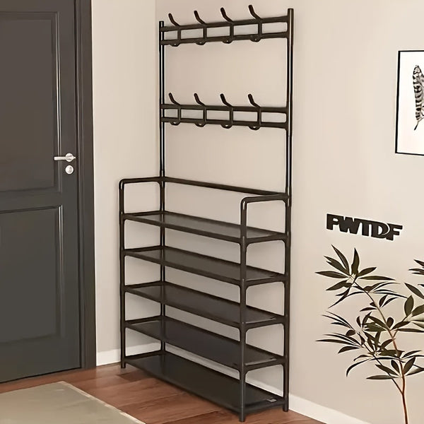 2 in 1 Shoe Rack with Coat Hooks Entryway Organizer 5 Tier Storage Shelf