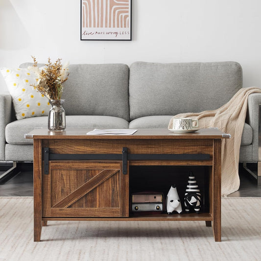 36-inch farmhouse lift top coffee table in rustic wood with a sliding barn door front